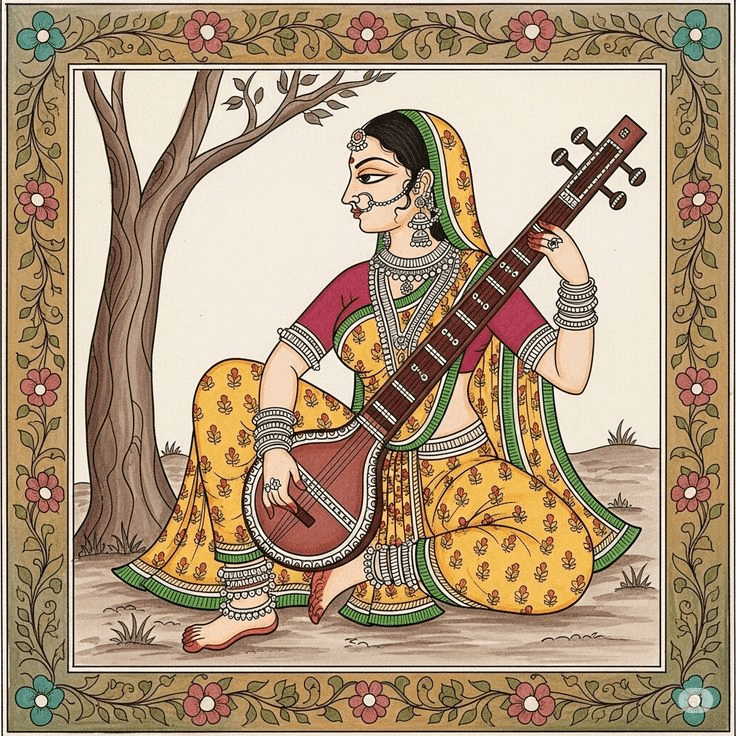 Mithila Style painting of a woman dressed traditionally and playing a music instrument in nature