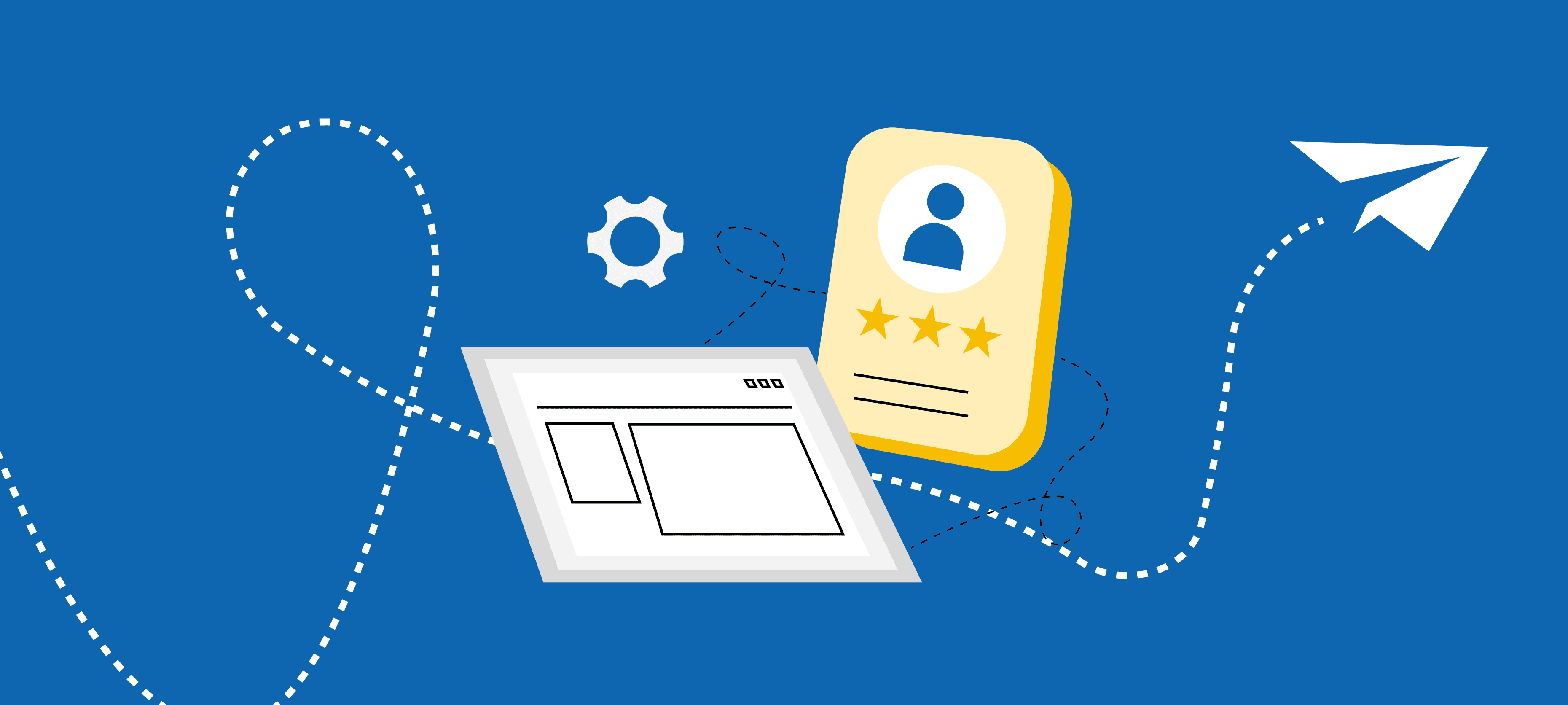 Illustration of a B2B demand generation framework, featuring a system interface, user profile with ratings, and a gear icon connected by a dotted flight path and paper plane, symbolizing structured processes and integrated channels for scalable B2B demand generation.