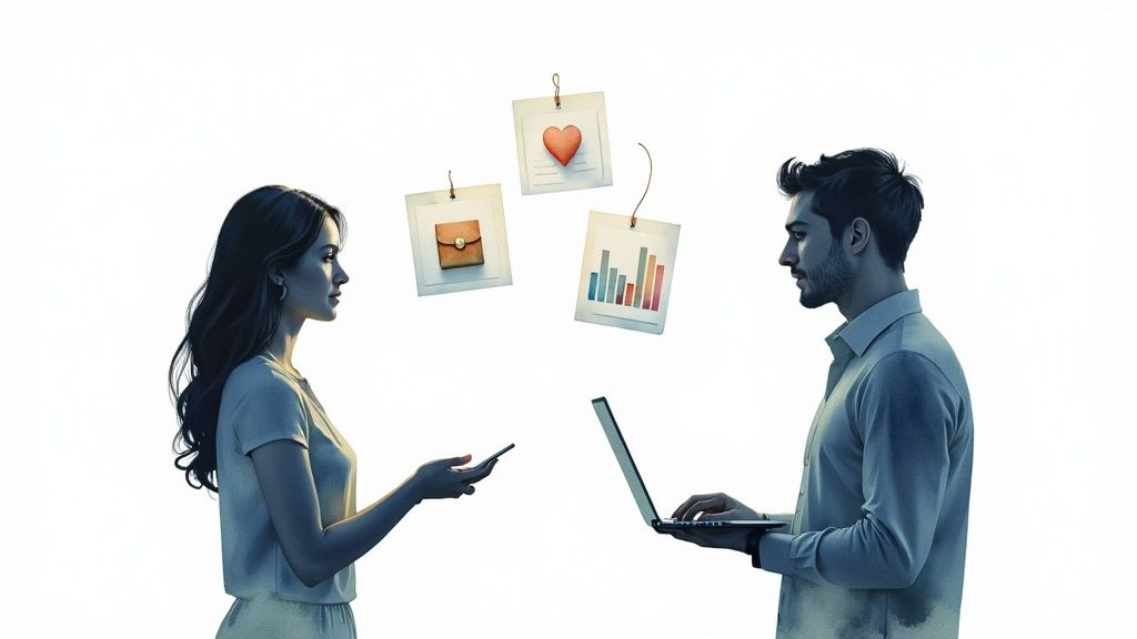 Two individuals engage with digital devices, surrounded by floating icons of heart, wallet, and bar charts.
