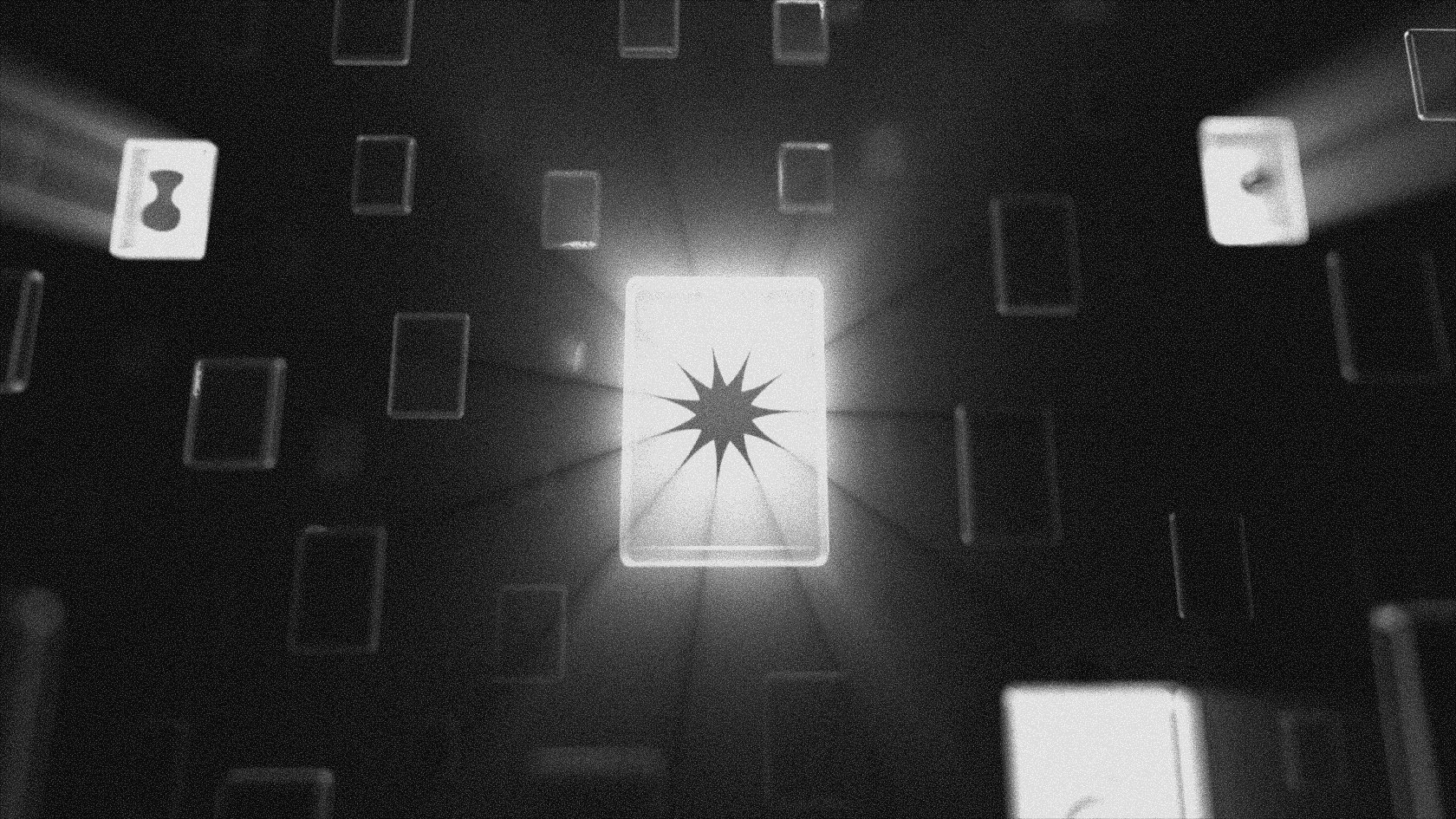 A bright glowing point of light surrounded by soft geometric rectangular frames