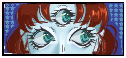 Three big green eyes under red bangs, eyes drawing by nizz_mz