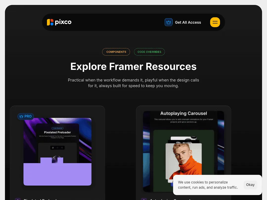"Explore Framer Resources with components and code overrides options."