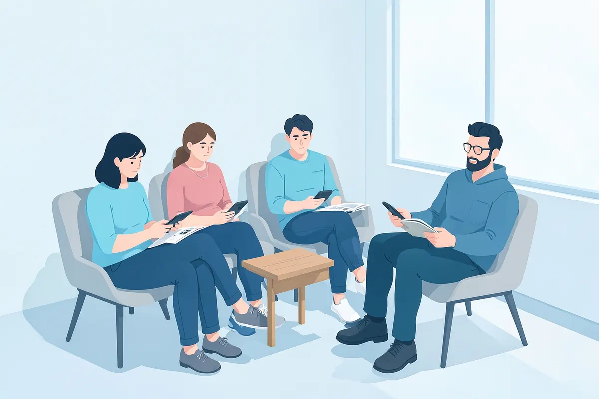 A group of diverse people are sitting in a waiting room, looking at their phones or reading magazines.
