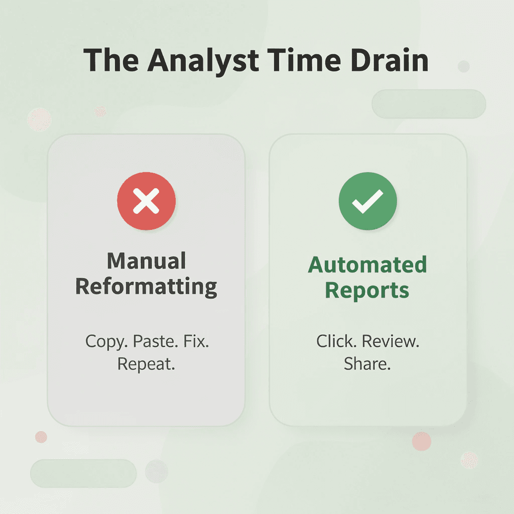 Before and after infographic showing manual reformatting versus automated reports