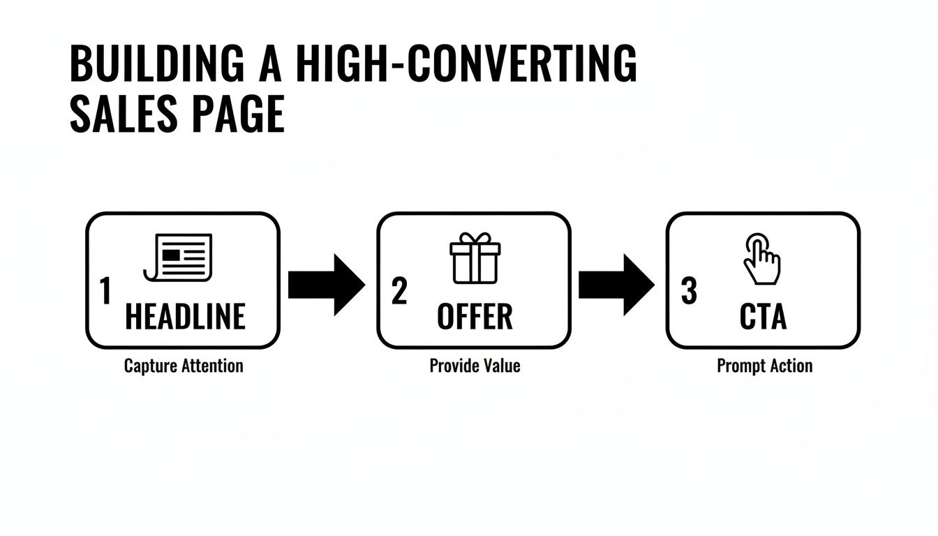 Flowchart illustrating three steps to build a high-converting sales page: Headline, Offer, and CTA.