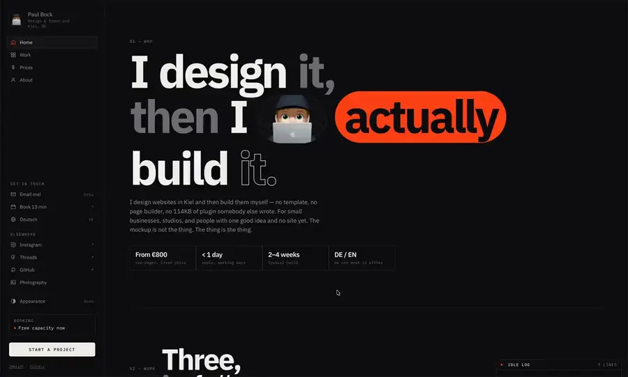 The portfolio site, at desktop width with the fixed panel beside the headline.