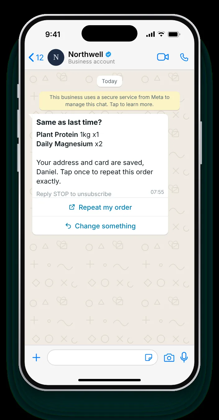 The last order, repeated in one tap: WhatsApp reorder reminder on an iPhone