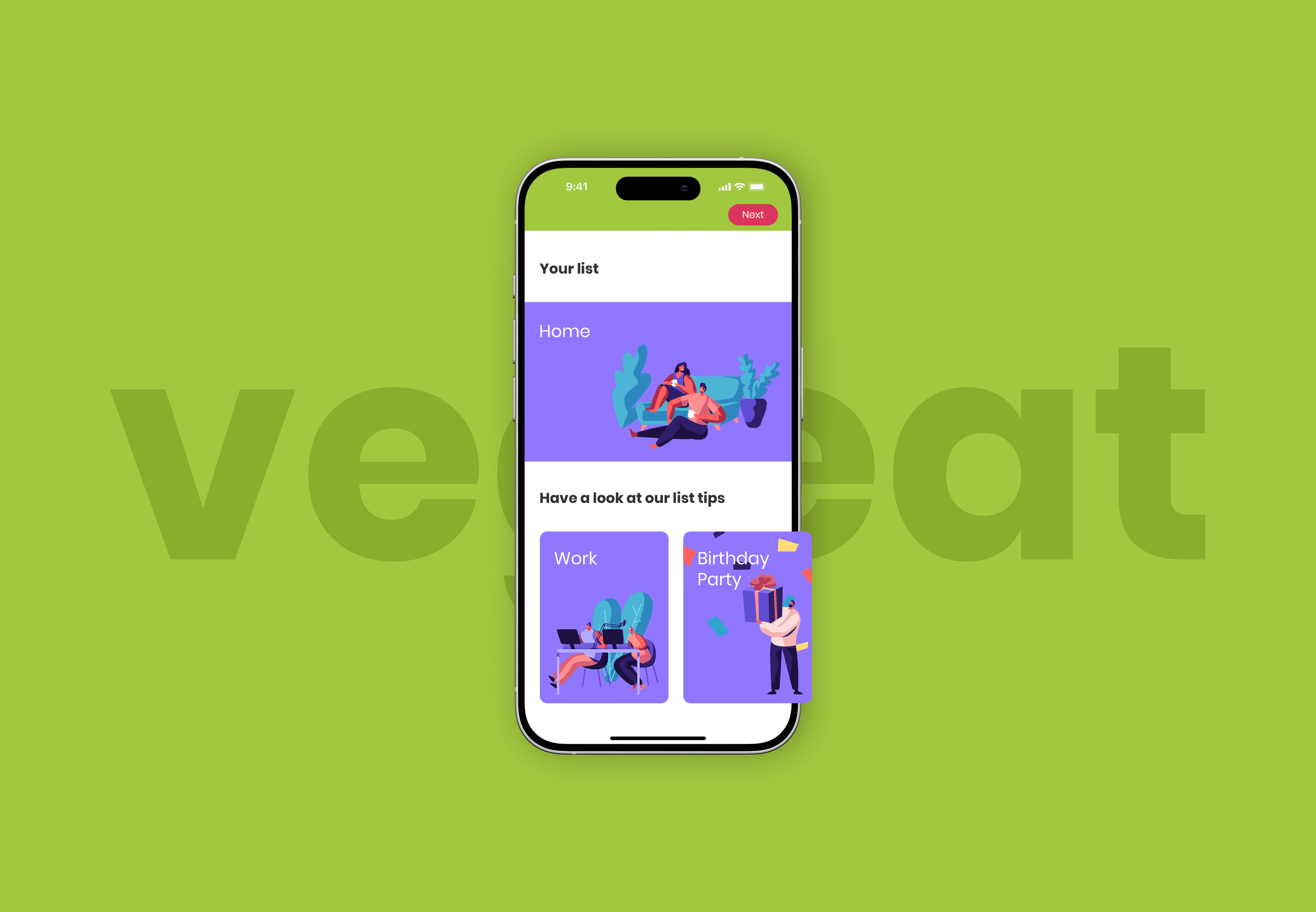 Mockup of a Vegeat grocery list overview