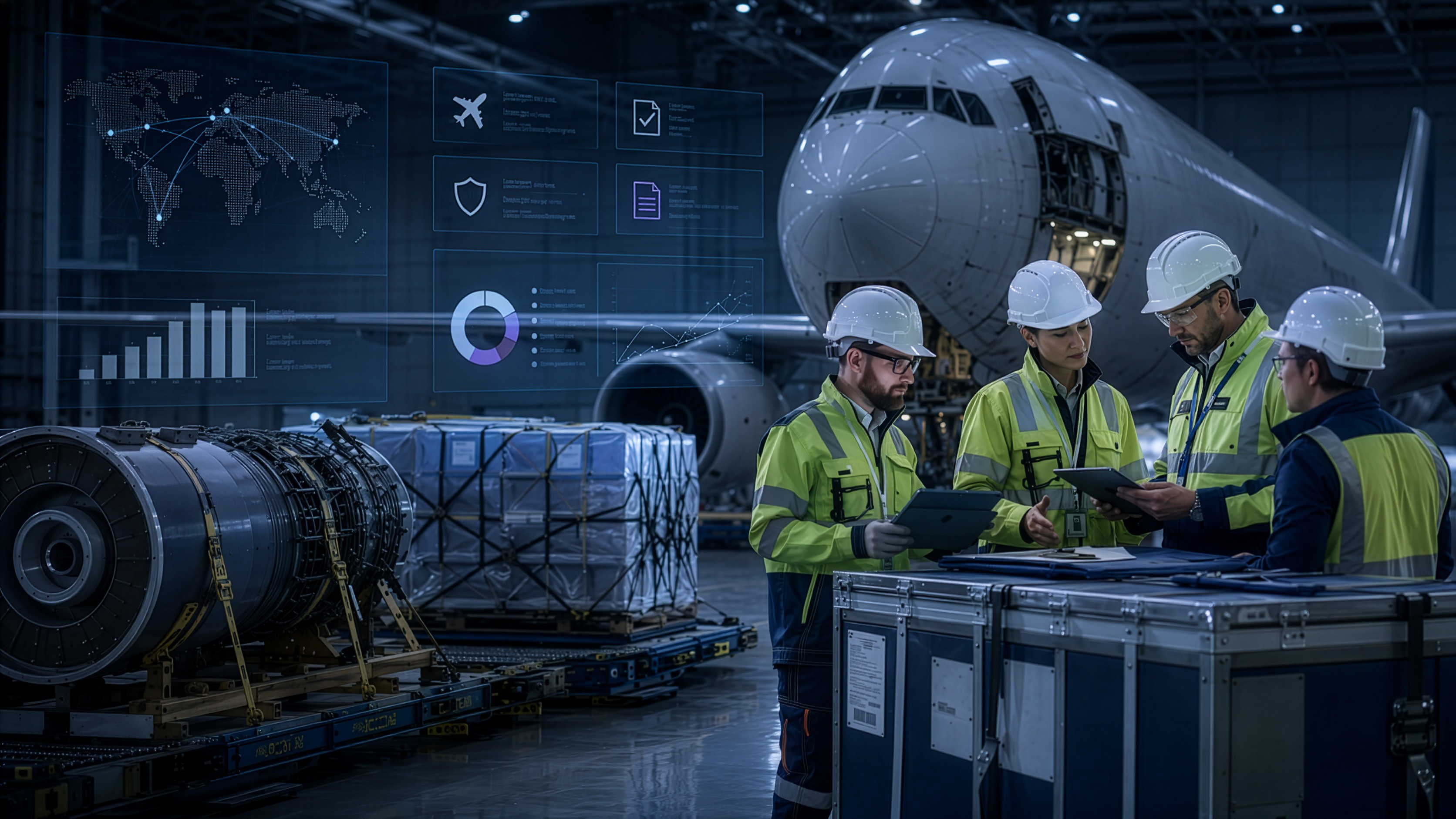 Aerospace logistics team reviewing shipment data, documentation, and cargo movement in an aircraft operations environment.
