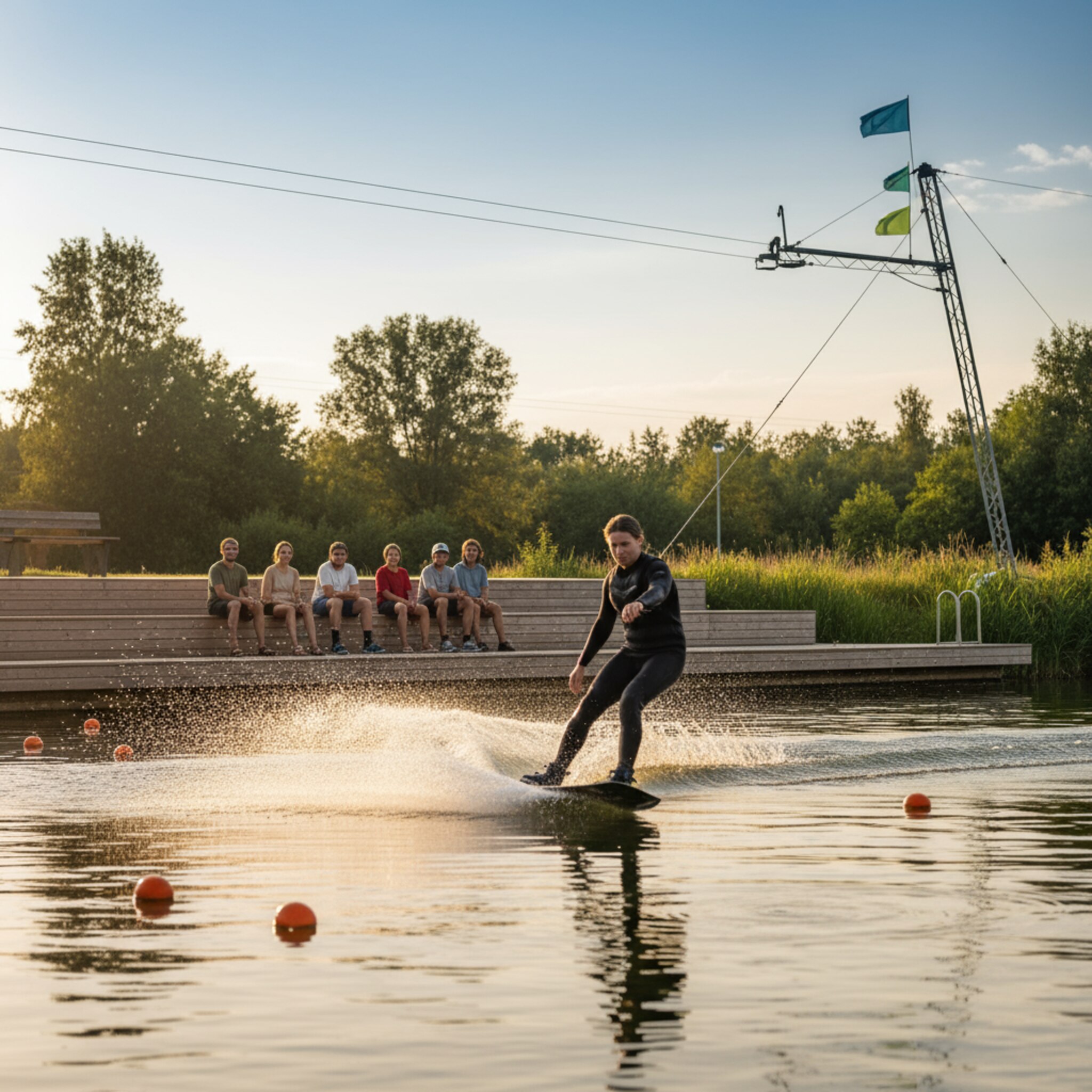 Sonnenlicht glitzert auf dem Wasser, während ein Rider in einer weiten Kurve die Spray-Fontäne stehen lässt. Am Ufer sitzen ein paar Zuschauer auf Holzstufen und verfolgen die Fahrt. Im Hintergrund spannt sich das Cable über ruhige Bahnen, vereinzelte Bojen markieren Features. Eine leichte Brise bewegt die Fahnen am Startturm.