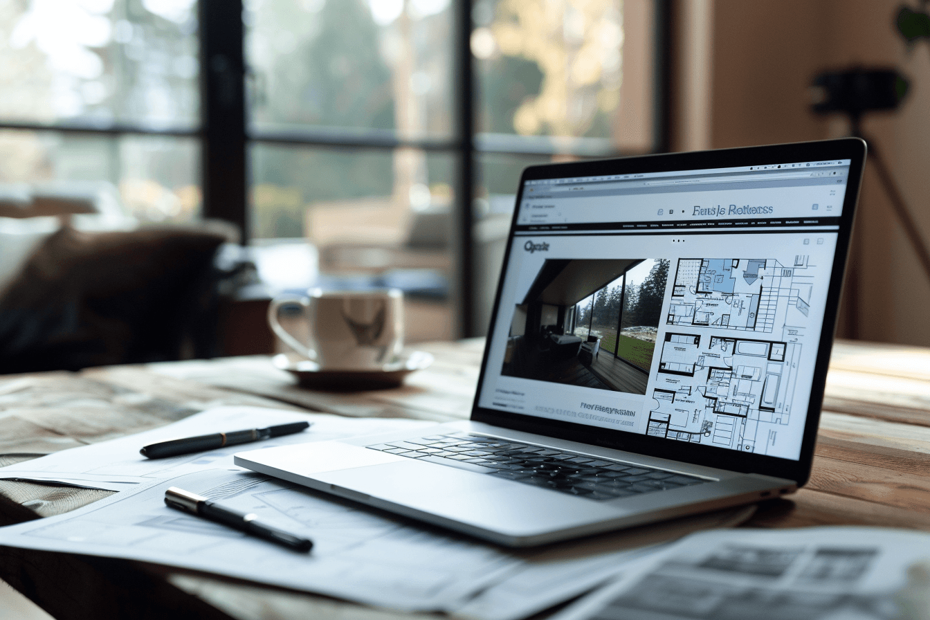 Laptop showing a modern property landing page on a table beside house plans and coffee