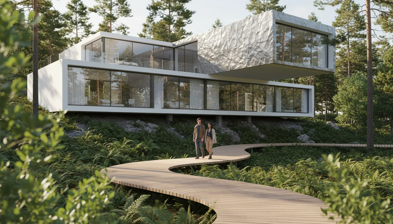 Photorealistic 3D architectural visualization in the style of Enscape or Twinmotion, capturing a modern, multi-level house integrated into a rocky, forested hillside. The architecture features expansive floor-to-ceiling glass, white cantilevered levels, and an upper section with a unique crumpled metal facade. In the sunlit foreground, a young couple walks along an undulating, parametric light-wood walkway that winds through dense ferns and lush undergrowth. The scene is illuminated by bright, natural daylight with soft global illumination, casting gentle shadows from the tall pine trees. DSLR-style composition with a shallow depth of field, where out-of-focus foliage in the immediate foreground frames the view.