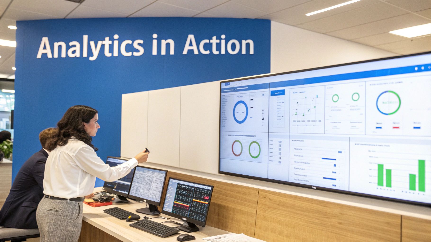 Financial analyst reviewing charts and graphs on multiple screens