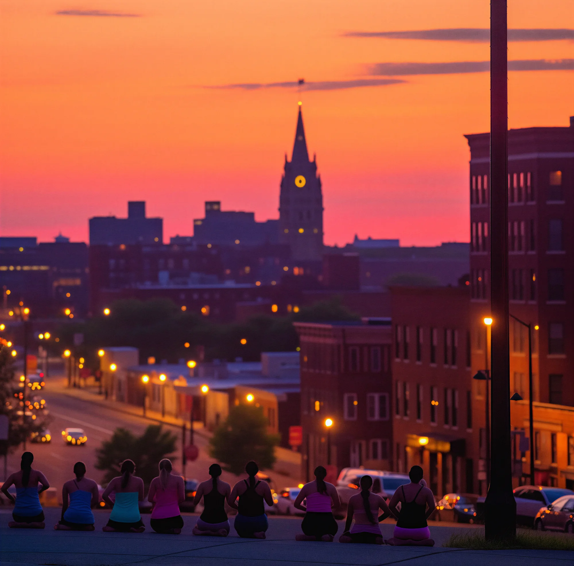 A group class on a hill above the city at sunset