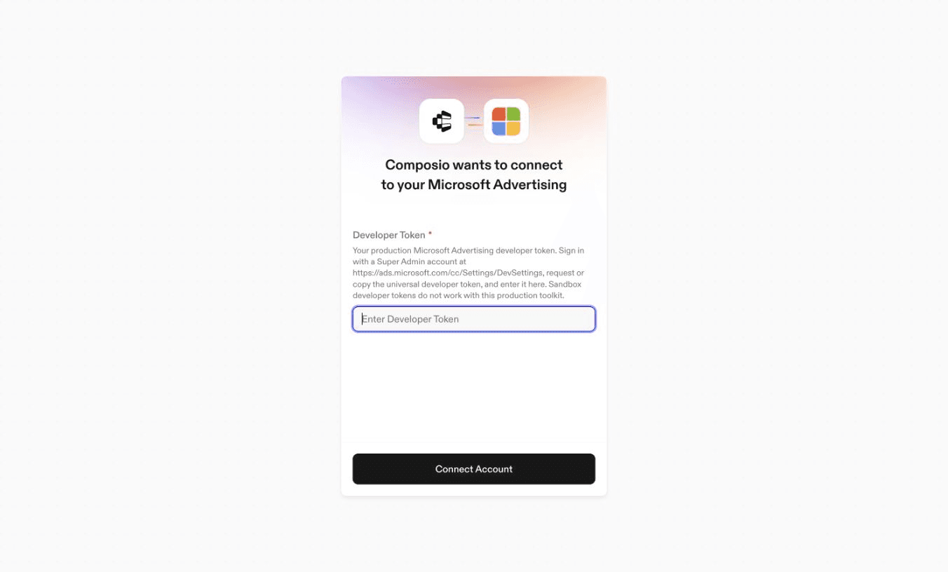 Blank Developer Token field in the Advertising connection form