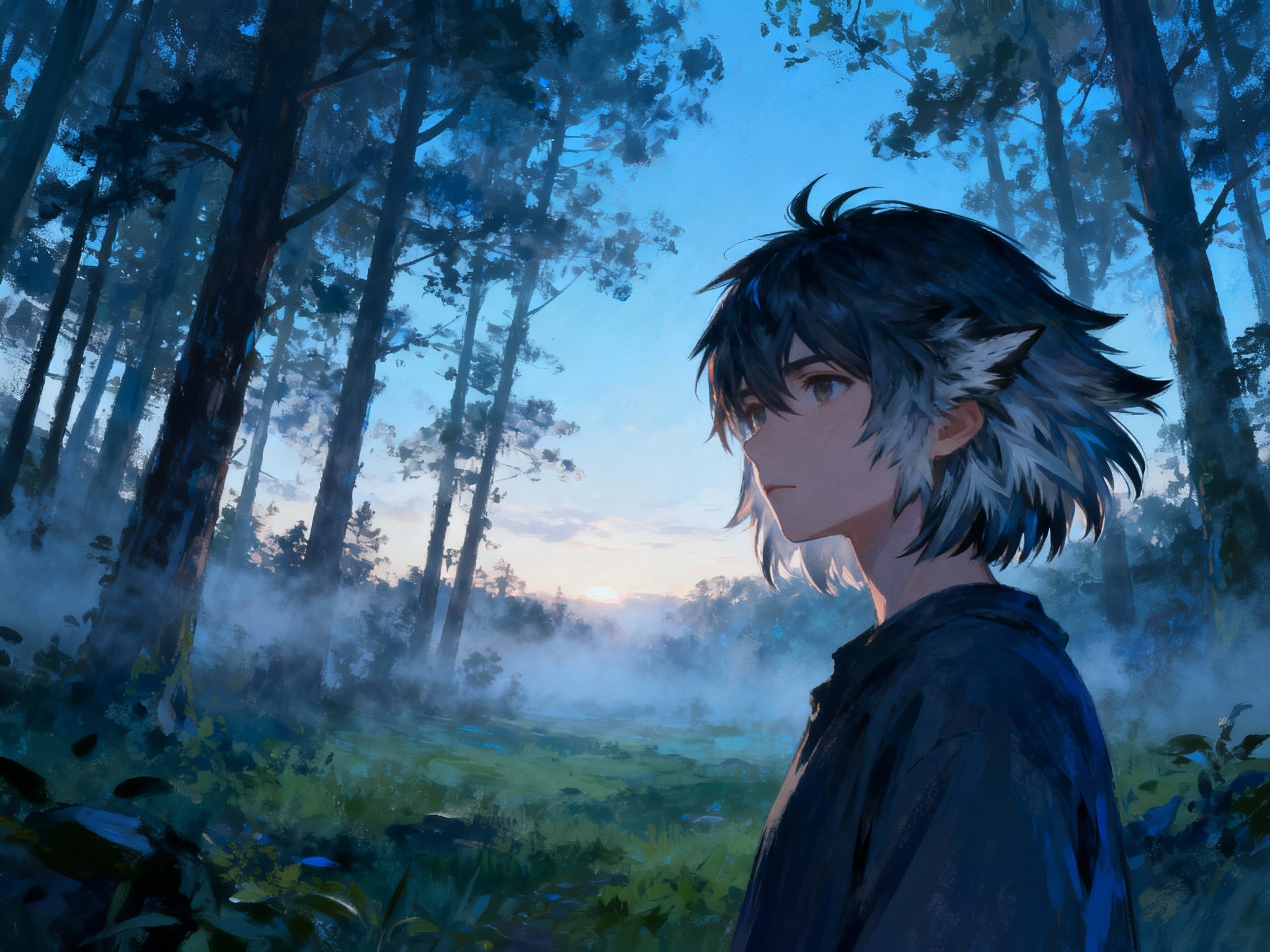 In a format, an atmospheric fine-art illustration depicts a serene forest clearing at dawn where a