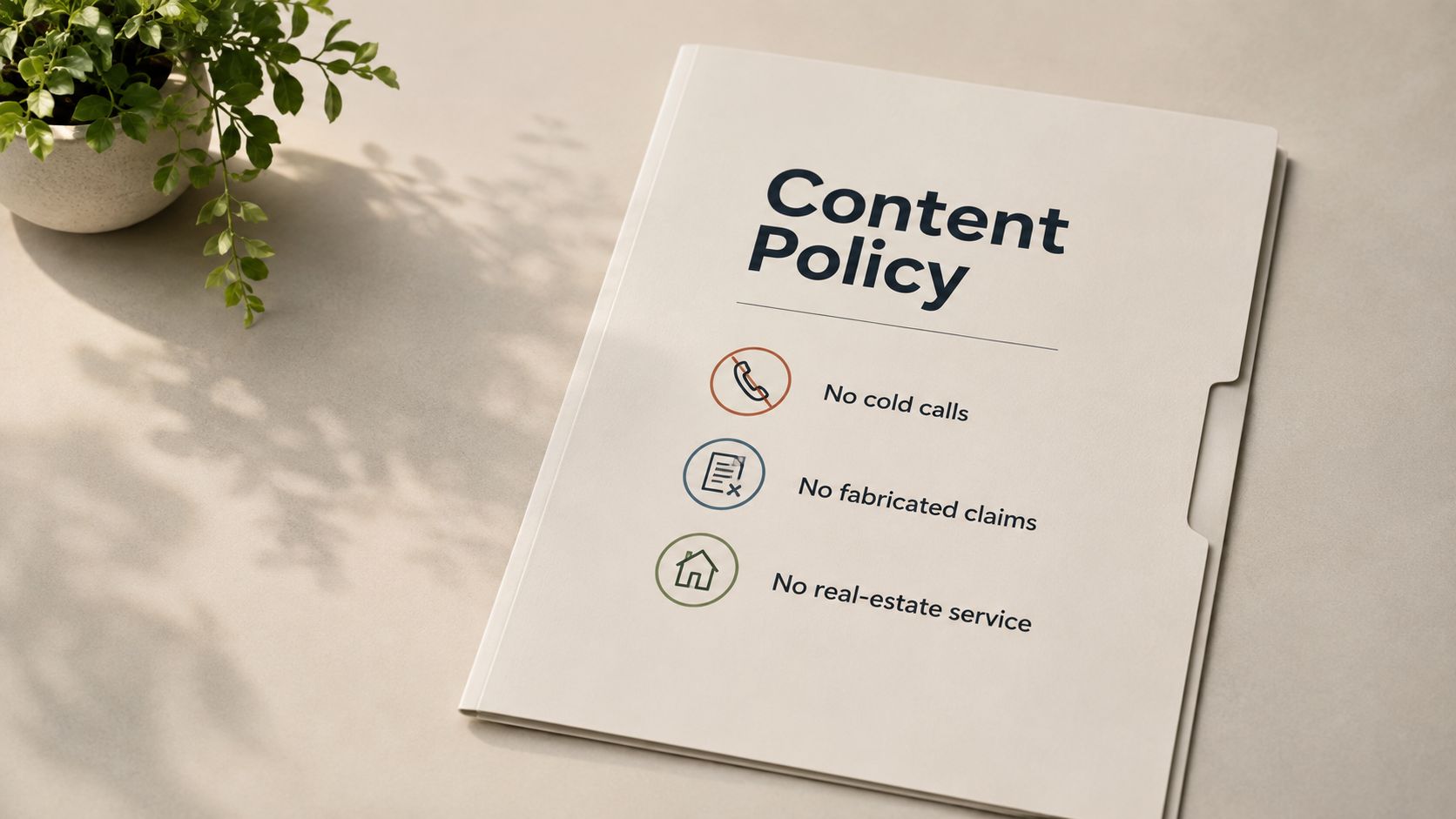 A document titled Content Policy sits on a desk, listing prohibitions against cold calls, fabricated claims, and real-estate services.