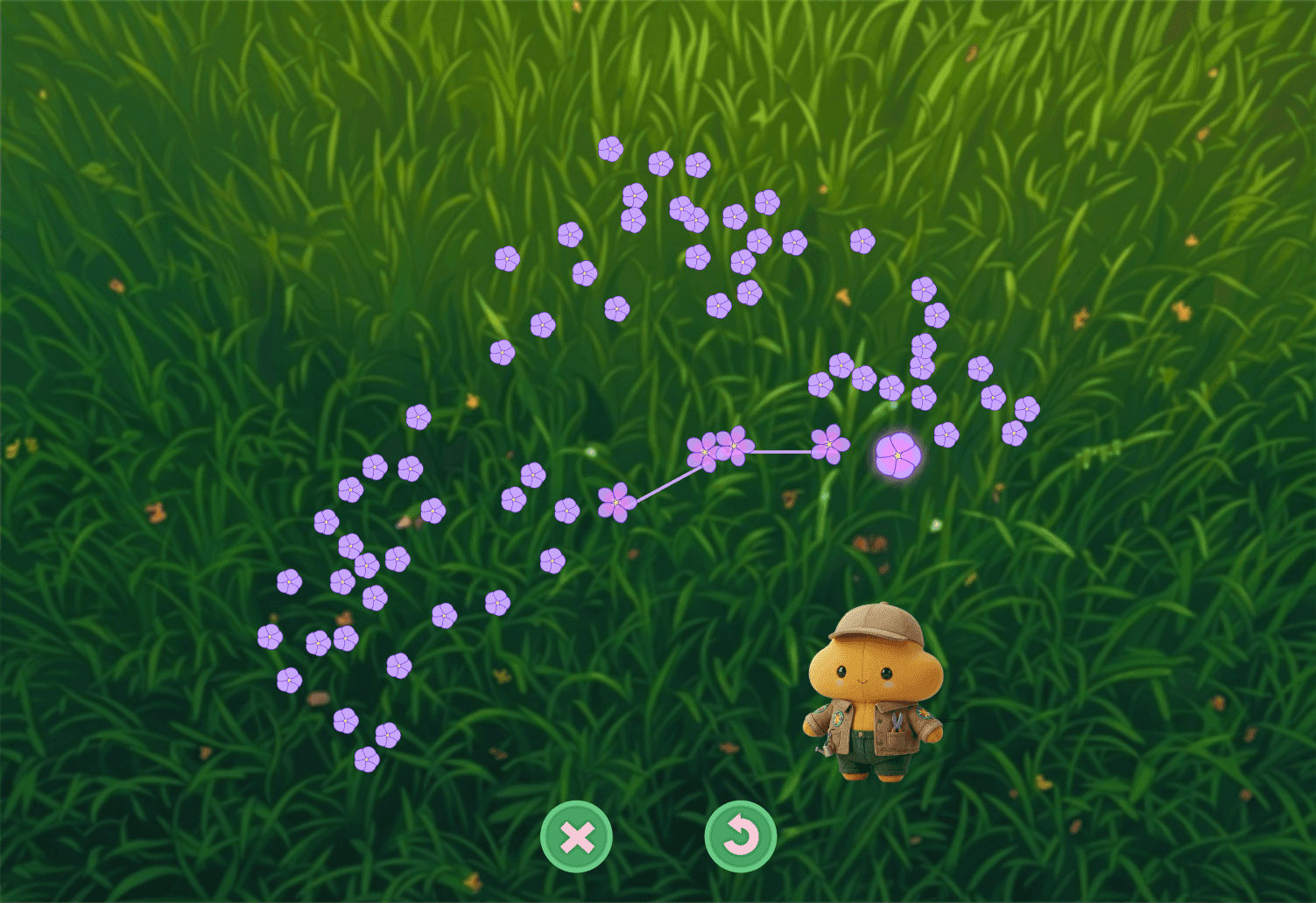 En gräsmatta med blommor som formar ett prick till prick mönster. Den lilla figuren från tidigare står under blommorna och har på sig trädgårdsmästarkläder.