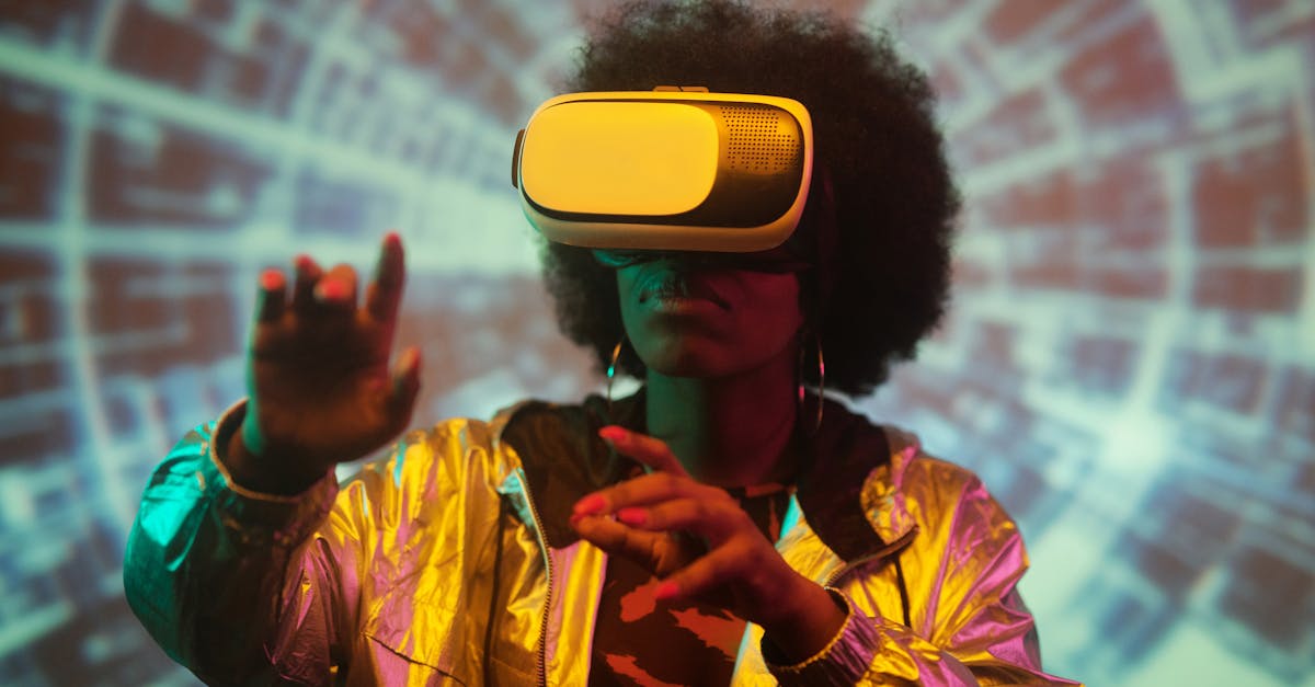 Black woman exploring virtual reality with headset and futuristic backdrop.