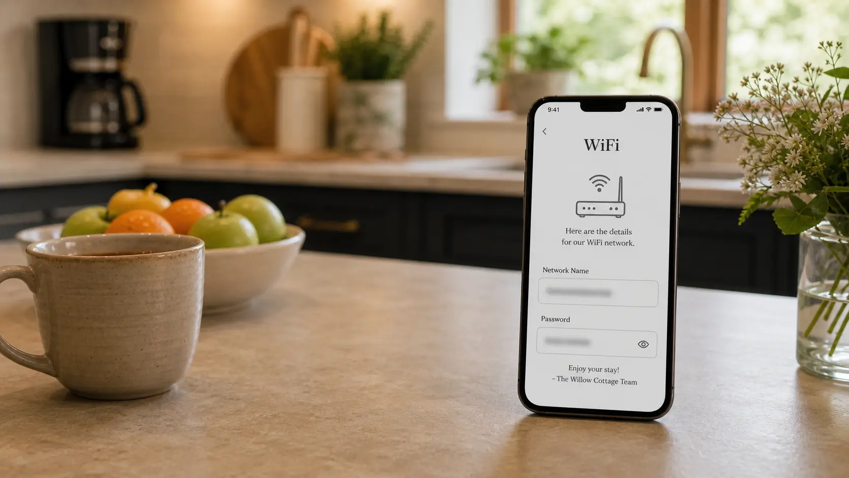 Phone on a counter showing a digital Airbnb house manual