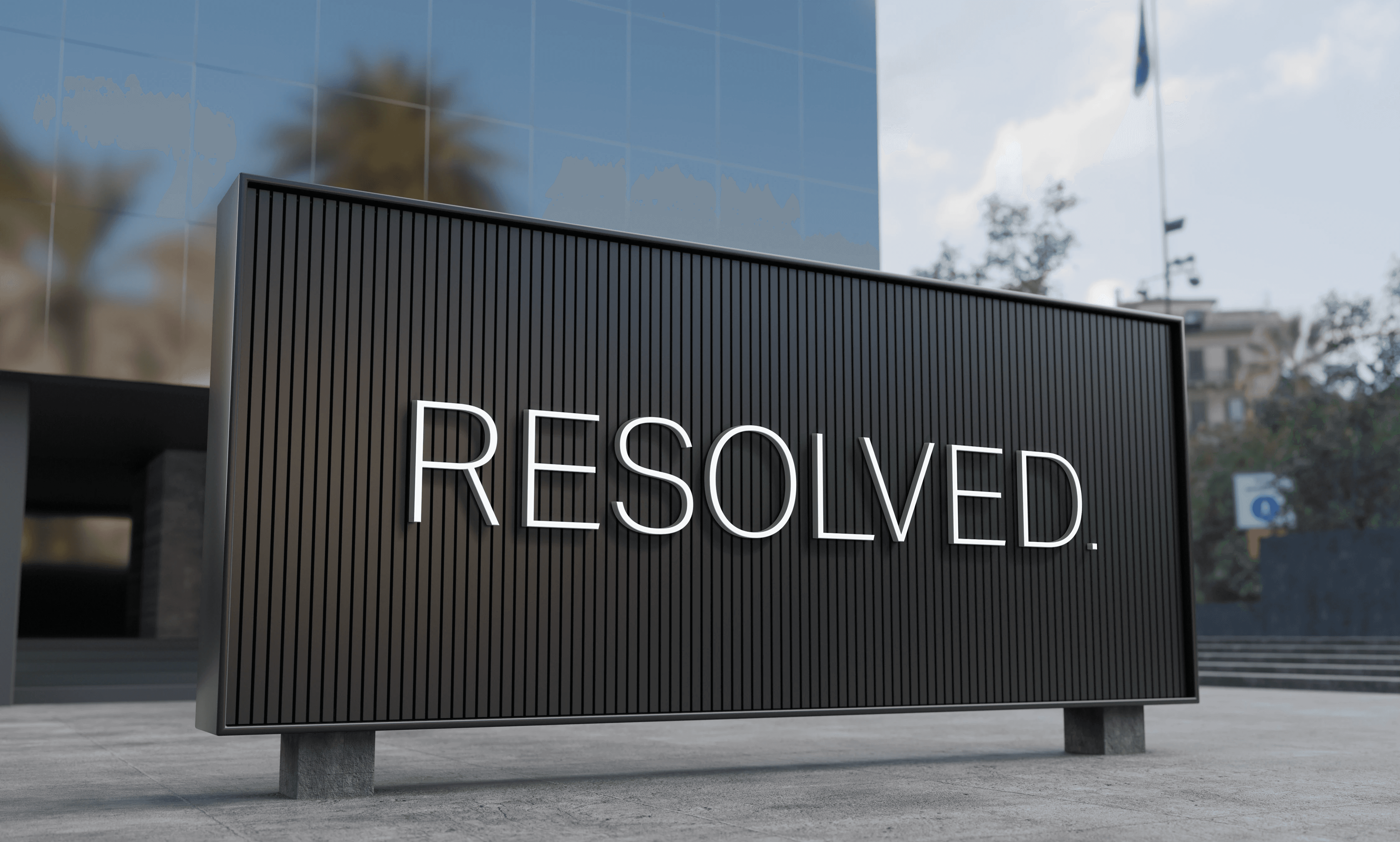 modern, sleek billboard with the word "RESOLVED" displayed in large, illuminated letters against a dark, ribbed facade, set outdoors with a blurred cityscape background.