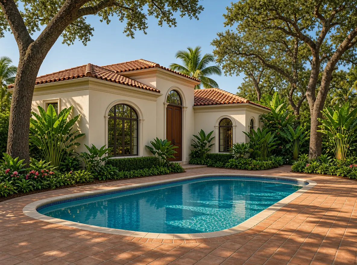 Backyard view of a Mediterranean estate featuring a kidney-shaped swimming pool surrounded by brick pavers, lush tropical plants, and mature trees
