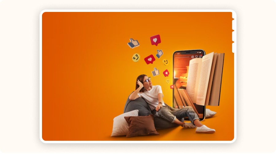 woman sitting with social icons