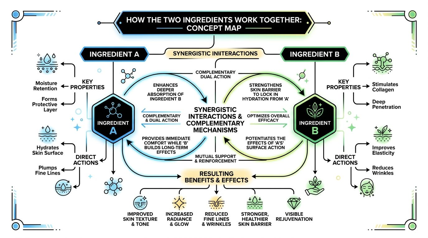 A concept map diagram explaining the synergistic interactions and benefits of combining two skin care ingredients.