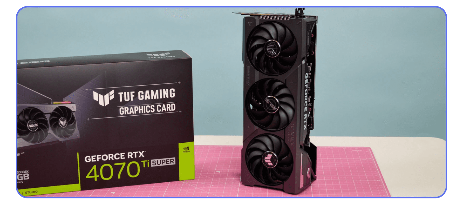 ASUS TUF Gaming GeForce RTX 4070 Ti SUPER GPU alongside retail packaging, ideal for 4K video editing in Adobe Premiere Pro.