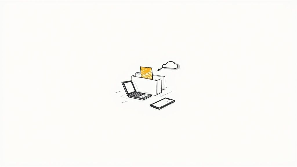 Digital product development illustration showing laptop, mobile phone, documents and cloud storage representing MVP process