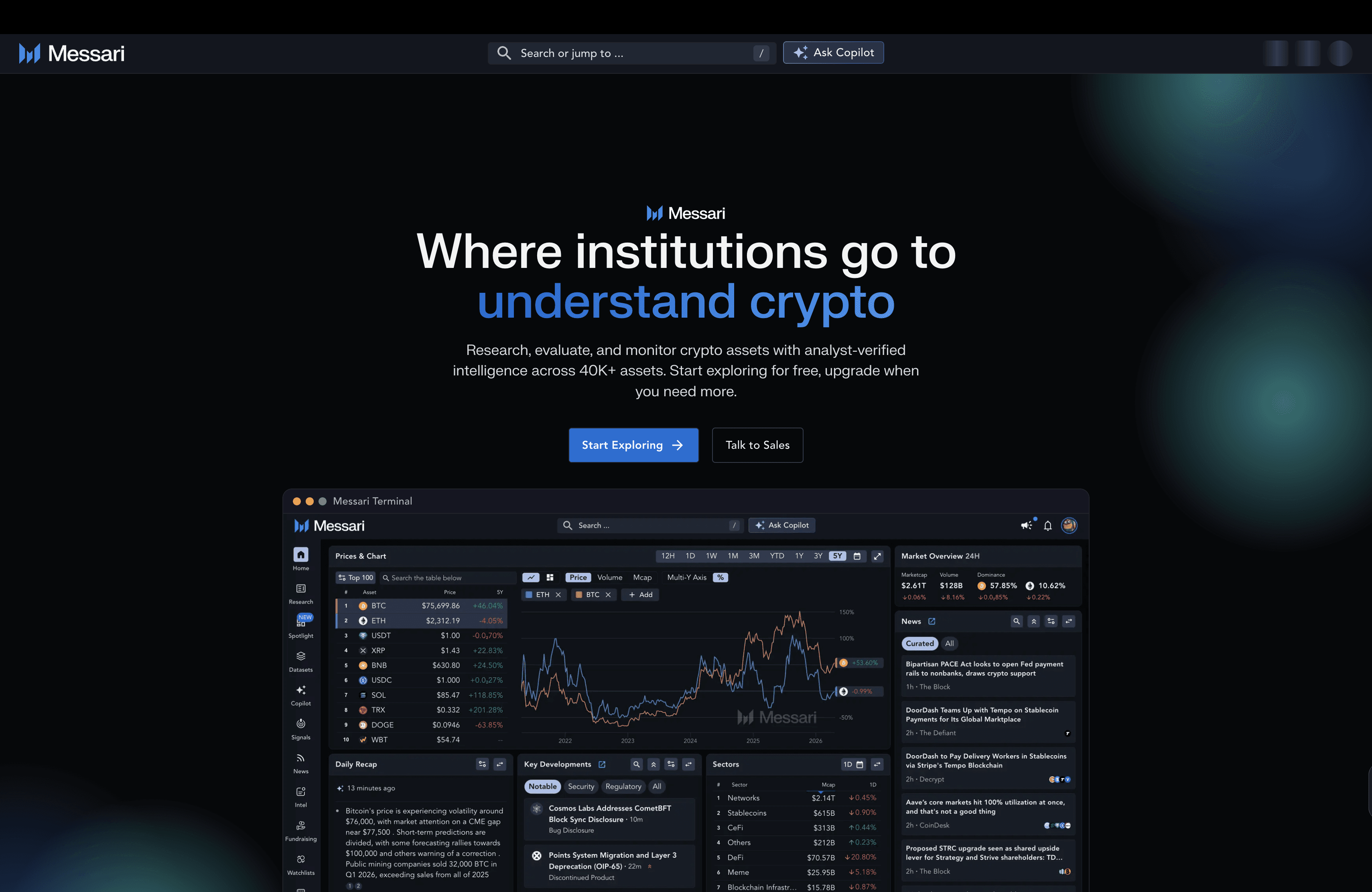 Messari homepage crypto research and market data platform