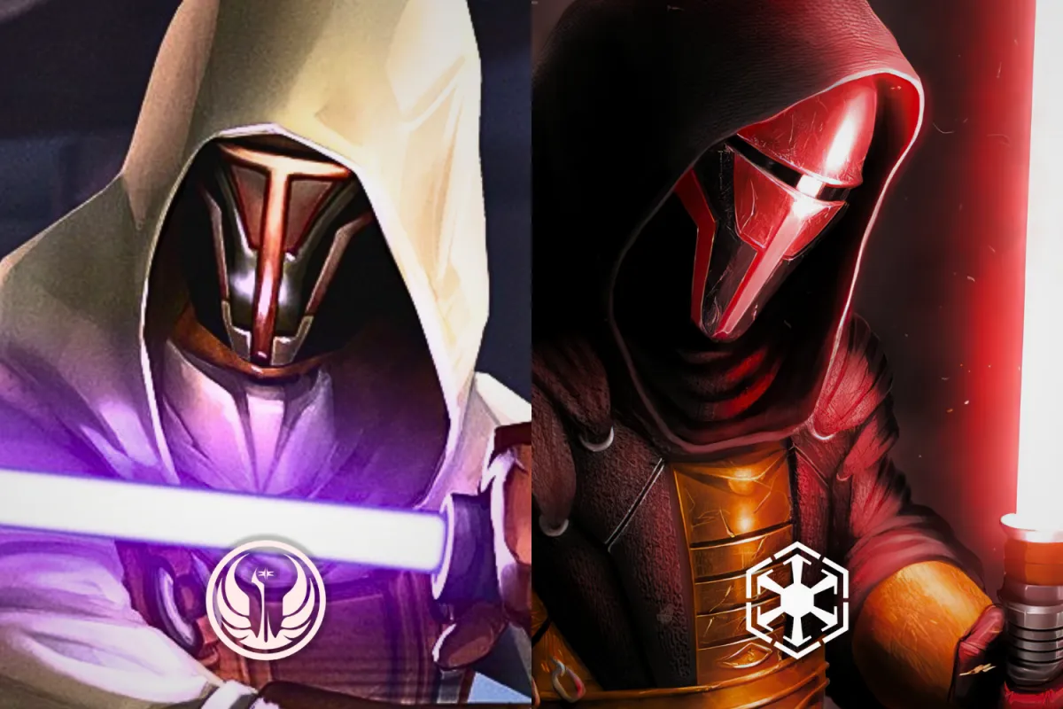 A split image of Darth Revan depicting two sides of his duality. On the left, Revan is shown as a Jedi, wearing a white hooded robe, holding a glowing purple lightsaber, and adorned with the Jedi Order symbol. On the right, Revan appears as a Sith Lord, wearing dark red and black armor, holding a red lightsaber, and marked with the Sith Empire insignia. The contrasting imagery emphasizes Revan’s complex journey between light and dark.