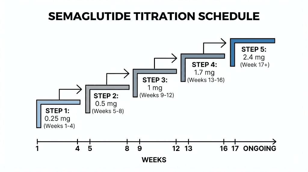 Semaglutide Wegovy titration schedule from 0.25 mg to 2.4 mg weekly doses