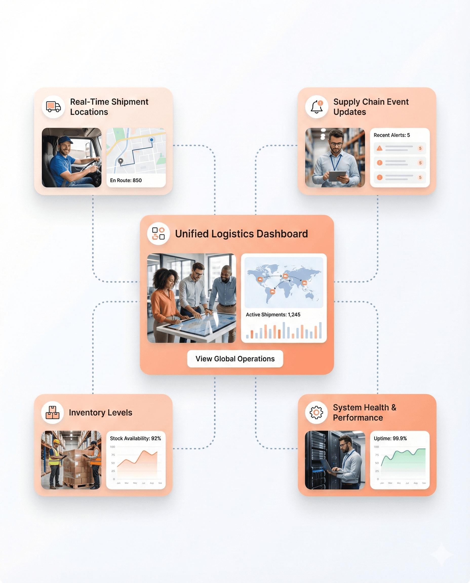 Unified logistics platform interface providing real-time visibility into inventory levels, shipment locations, and supply chain events.