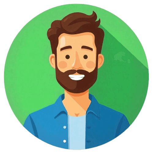 An illustrated portrait of a smiling man with a beard and brown hair, wearing a blue shirt over a white T-shirt, set against a vibrant green background.