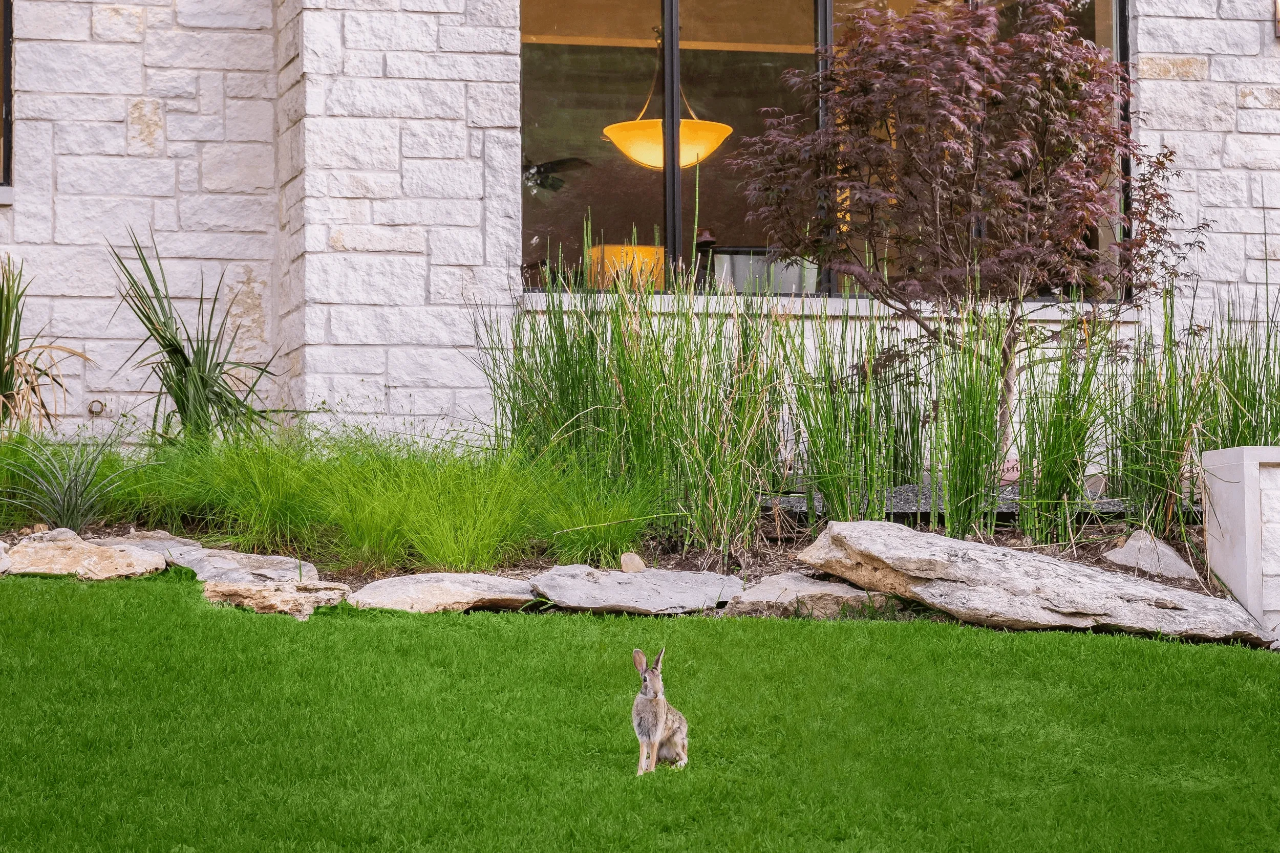 Symmetrical front yard landscape design with geometric walkway and matching planters at French country home in Park Cities Dallas