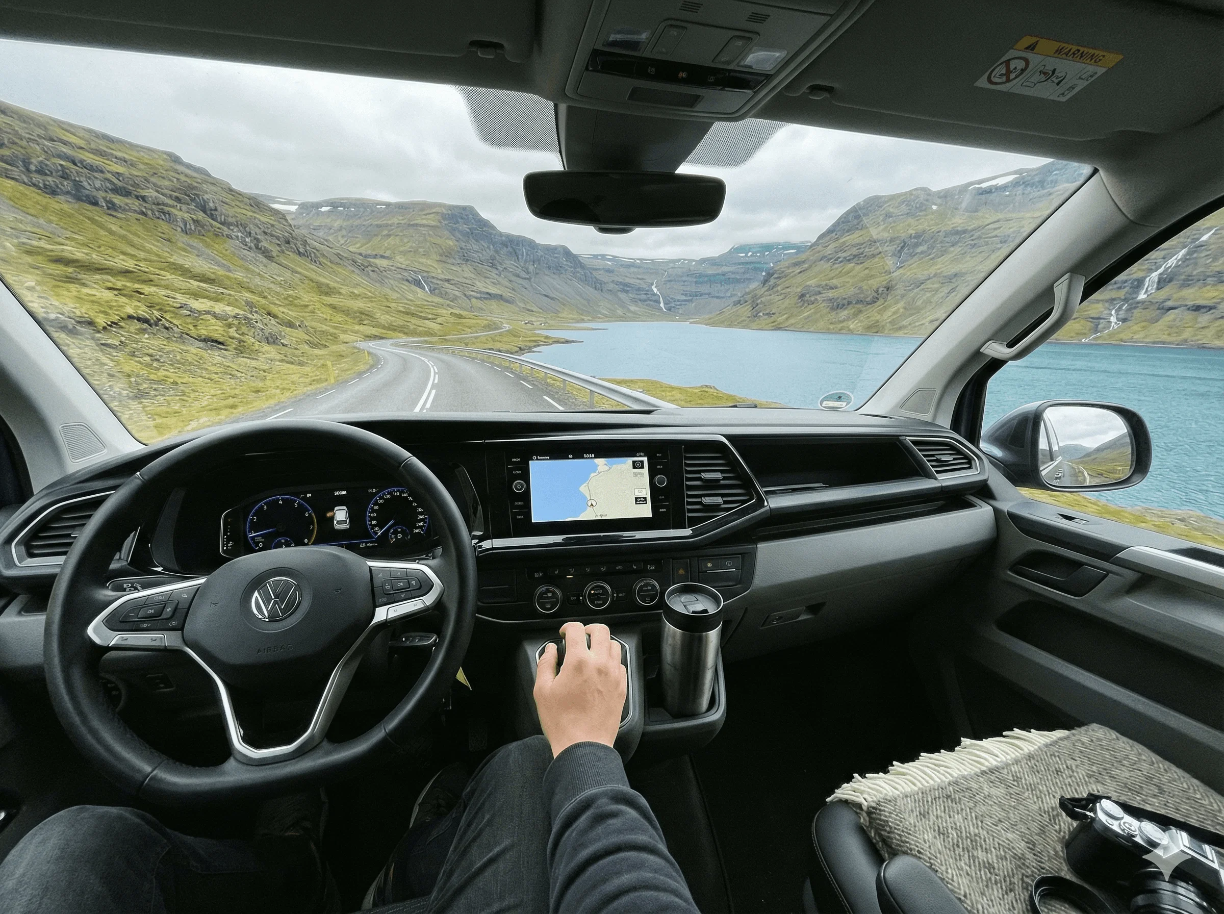 View from the driver's seat looking out through the windshield at a winding road through a green valley and lake.
