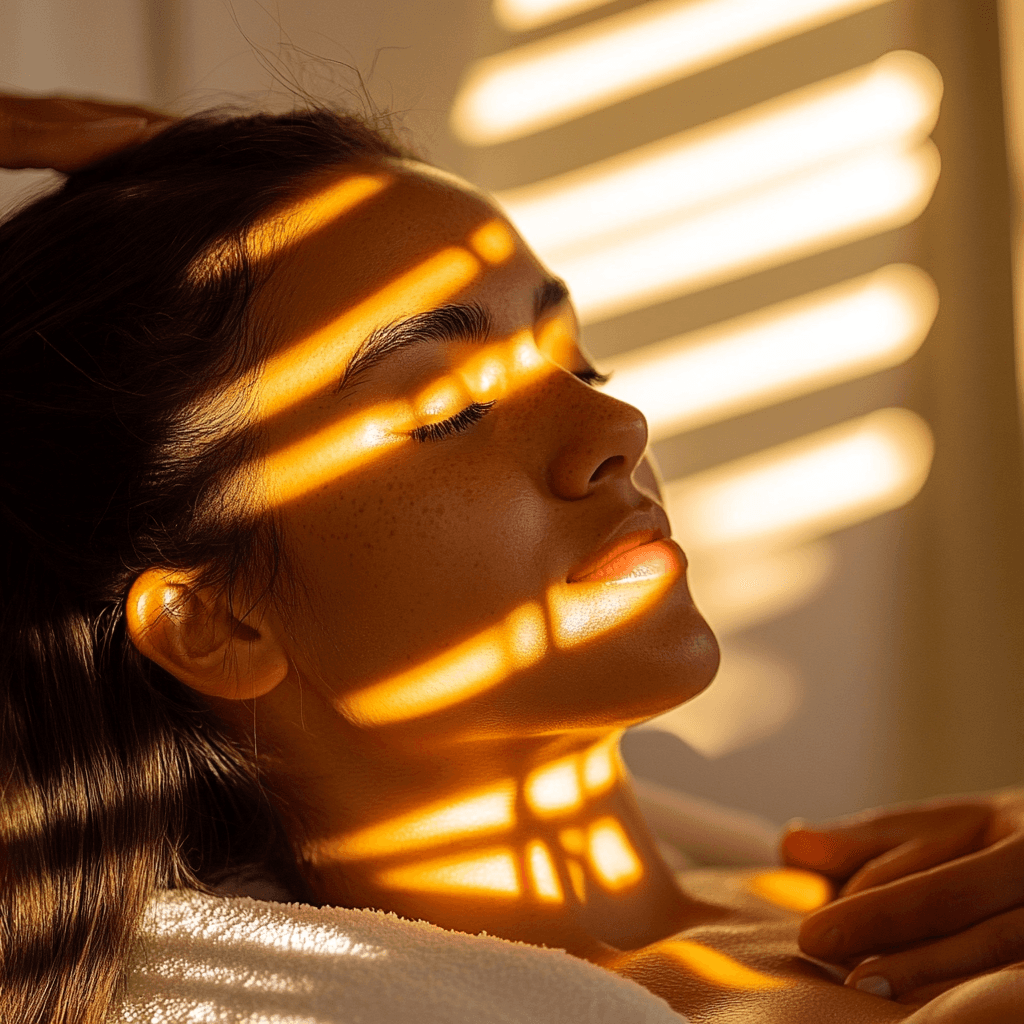 A woman lying down in a spa setting, relaxing with her eyes closed. Sunlight streams through blinds, casting striped shadows on her face. The scene conveys a sense of serenity and well-being.