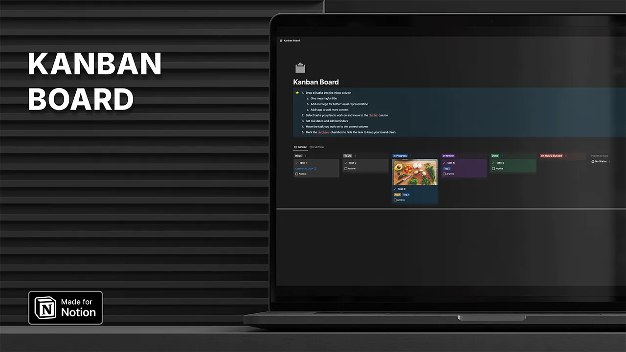 Notion Kanban Board template displayed on laptop and tablet, showcasing customizable task management columns and instructions for efficient project management and workflow organization.