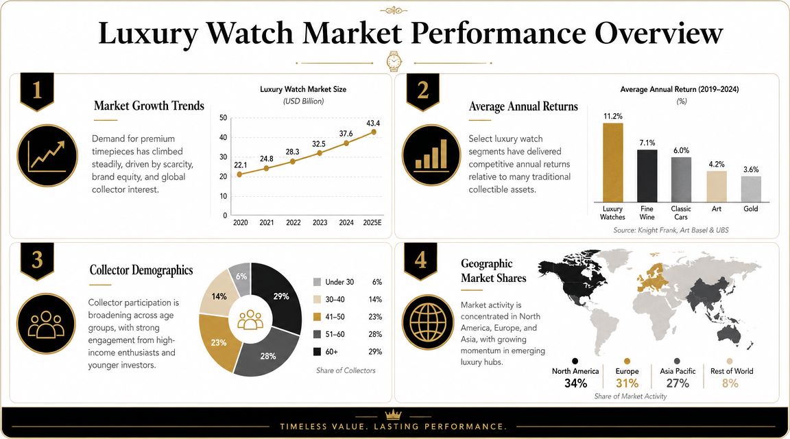 An infographic showing the luxury watch market performance, growth trends, investor returns, demographics, and global market shares.