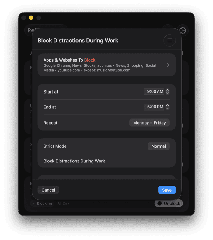 Schedule Blocking in Refocus for Mac