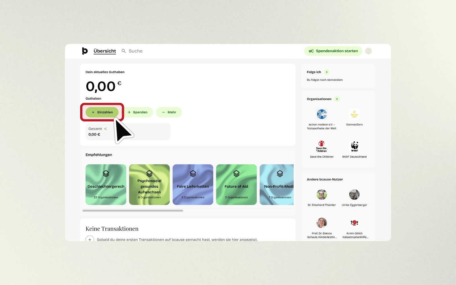 Startseite von bcause mit dem Guthaben von 0,00 € und dem grünen Einzahlen-Button