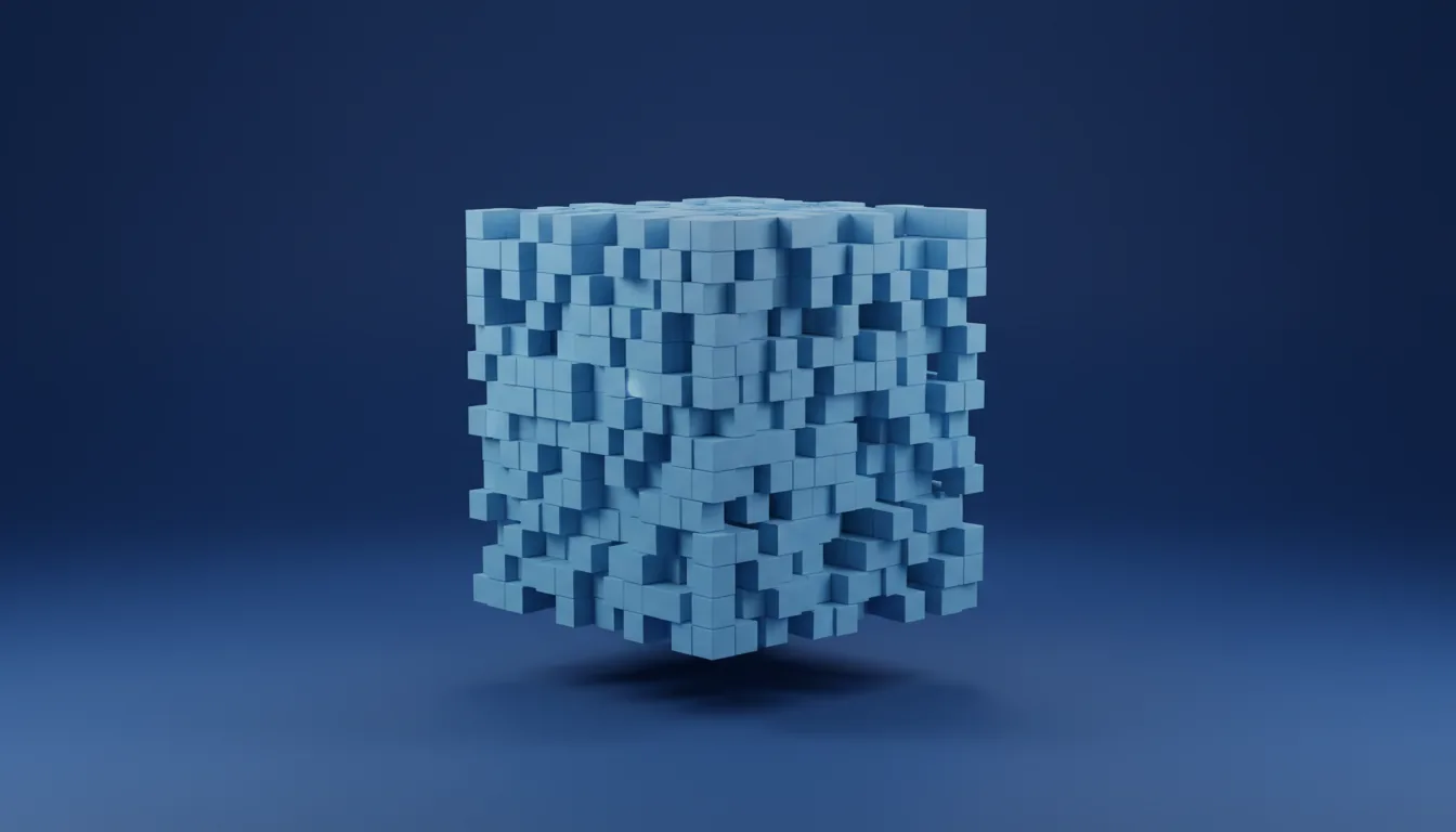 A high-resolution 3D render of a large, abstract cube constructed from a complex array of smaller voxel-like cubes, floating in a minimalist space. Blender style, featuring a matte plastic material. The scene is dominated by a monochromatic blue color scheme, with the central cube in a light blue against a deep blue infinity cove studio backdrop. The lighting is soft global illumination, creating subtle gradients and a soft floating shadow on the surface below.