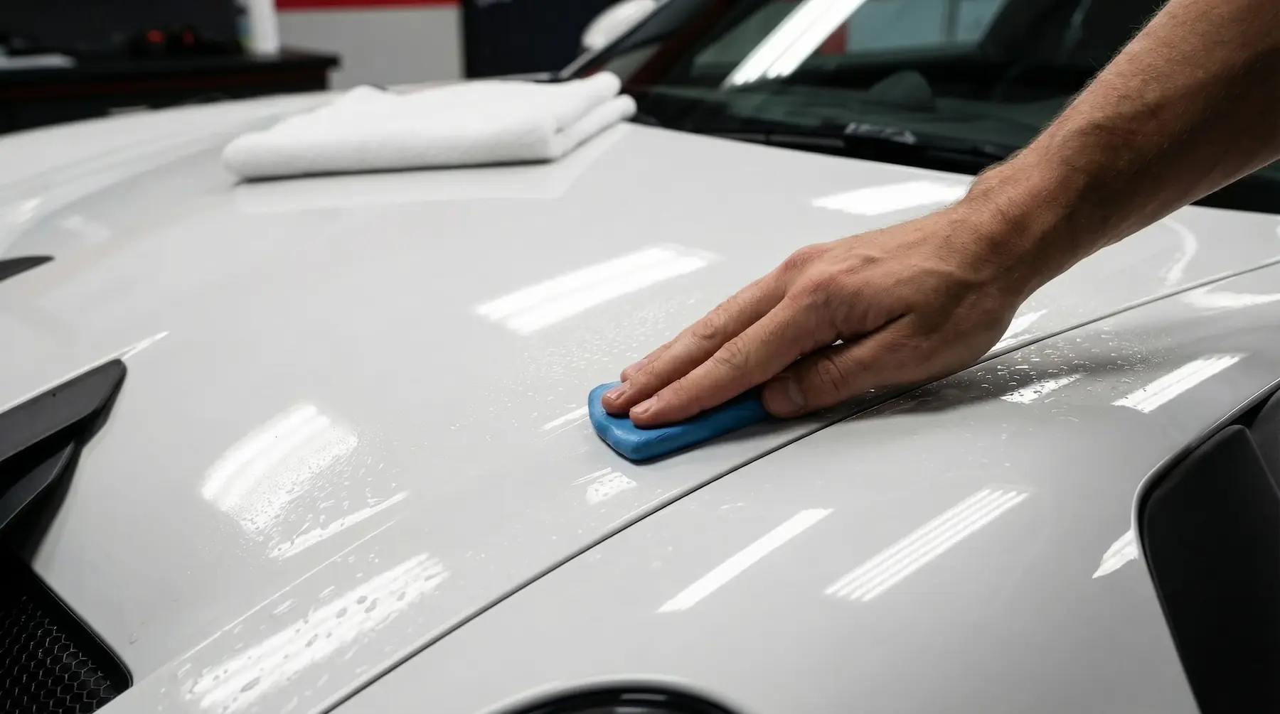 Décontamination à la clay bar sur une Porsche 911 GT3 RS blanche.