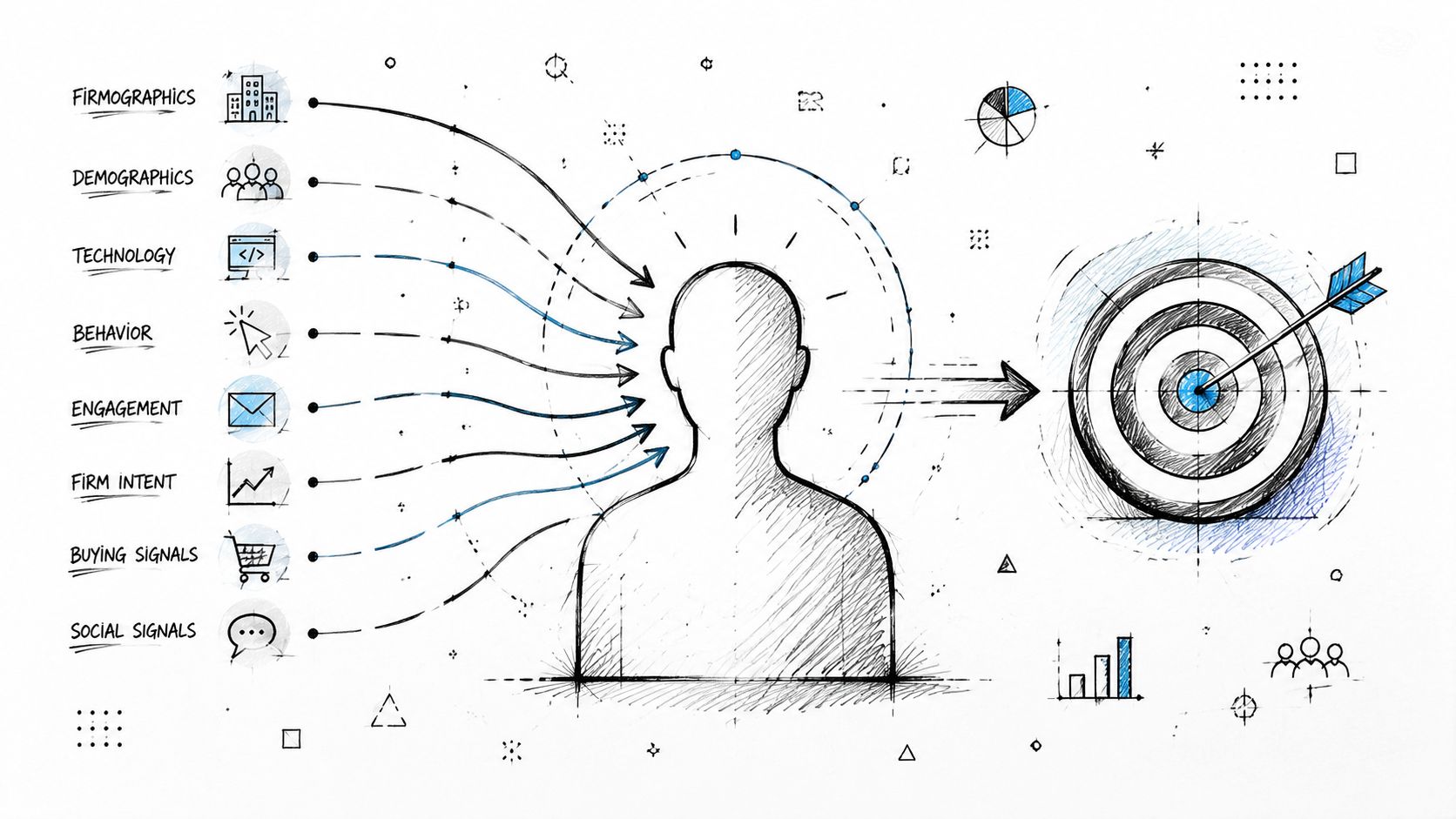 A hand-drawn illustration showing data points flowing into a human profile leading to a target.