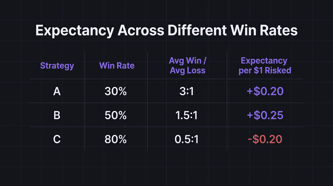 Comparison table showing three trading strategies with different win rates and their expectancy