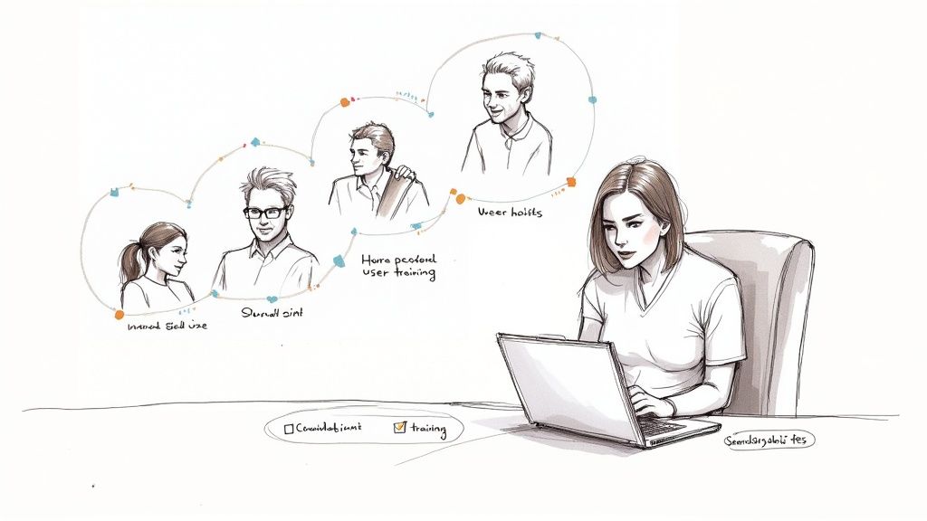 A woman on a laptop managing a customer success onboarding process with a timeline of user training.