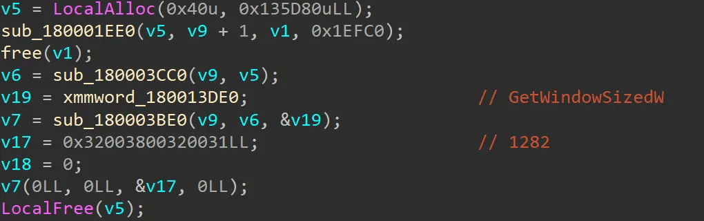 Calling the `GetWindowSizedW` export of the Comebacker payload