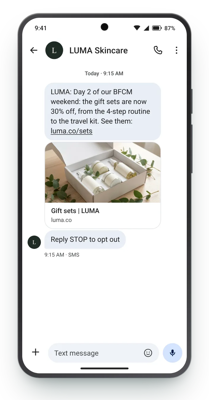 A new offer on day two BFCM text on an Android phone