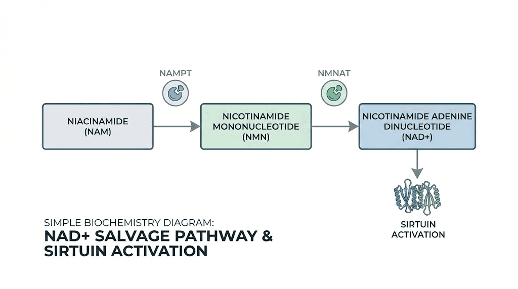 Niacinamide to NAD+ conversion pathway and sirtuin activation diagram
